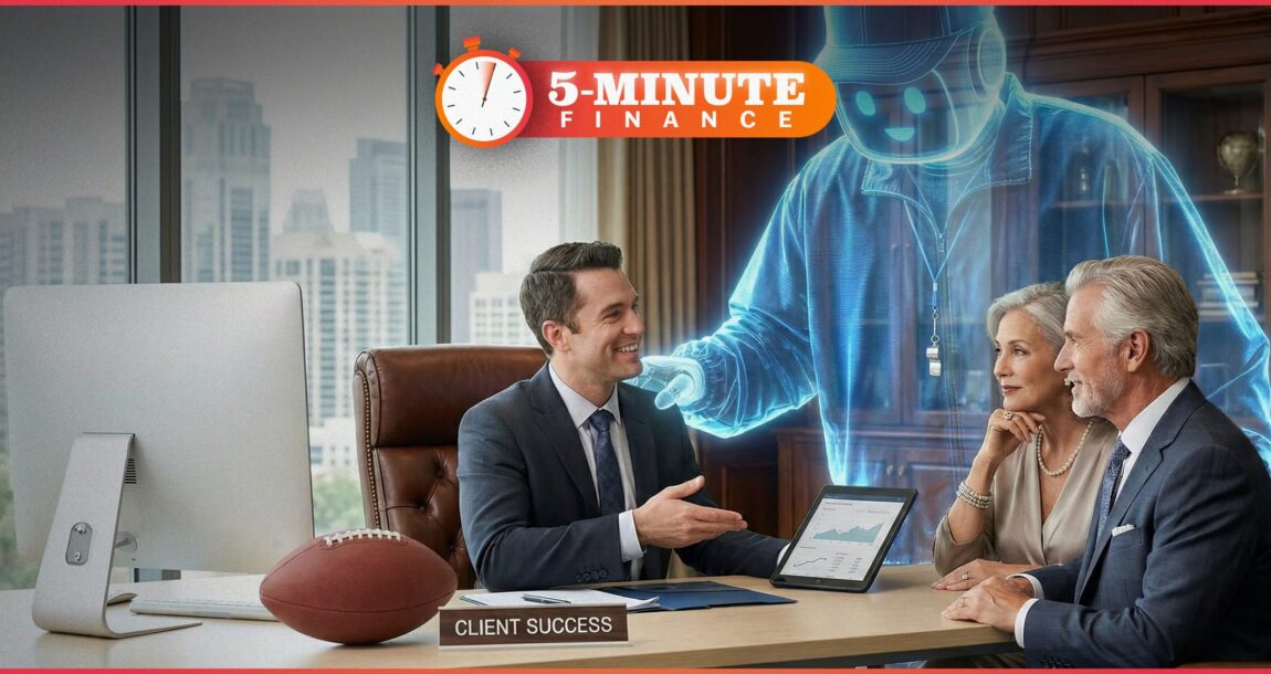 Image shows the 5-Minute Finance logo and a couple meeting with an advisor