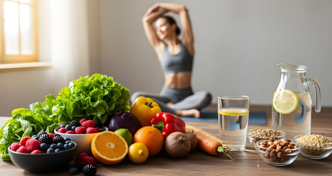 Photo of woman practicing yoga while there is health food in the foreground.