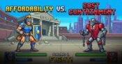 Illustration showing two warriors facing off: one Affordability and the other Cost Containment.