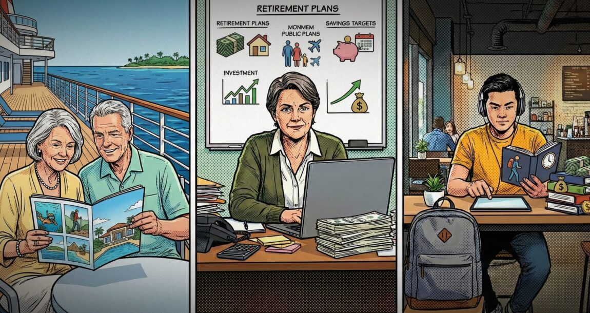 Illustration showing several generations and how they are dealing with retirement planning.