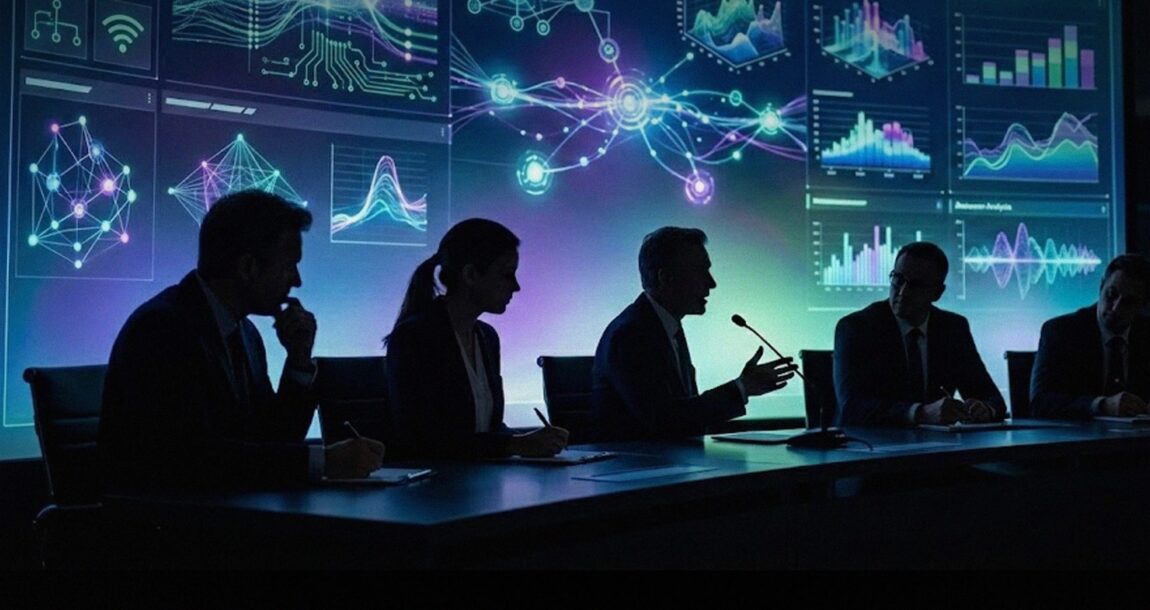 Image shows a panel of people in darkness