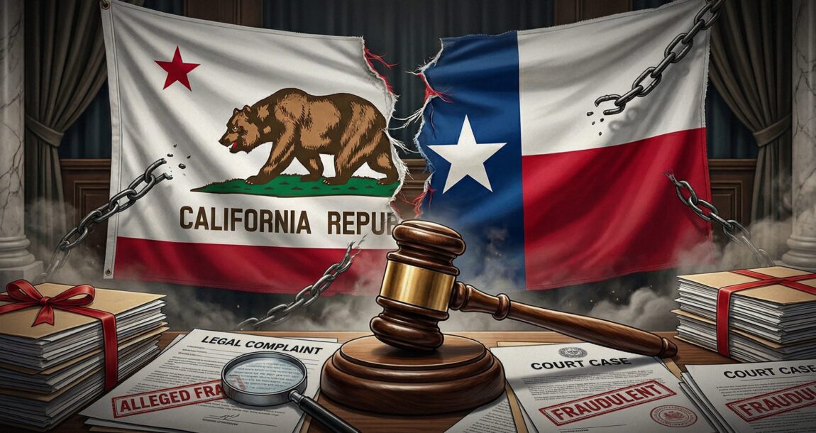 Image shows the Texas and California state flags