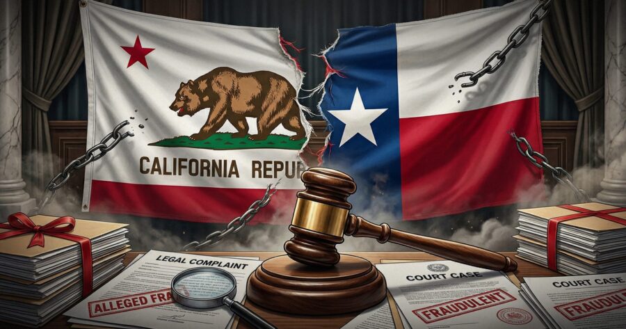 Image shows the Texas and California state flags