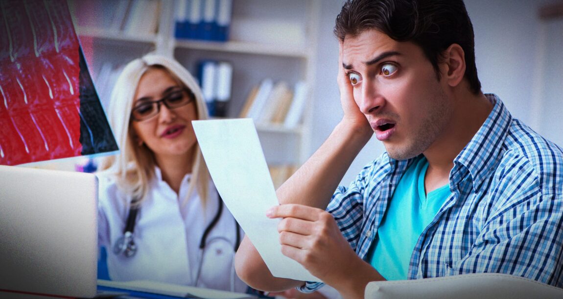 Image shows a man looking at a very high medical bill