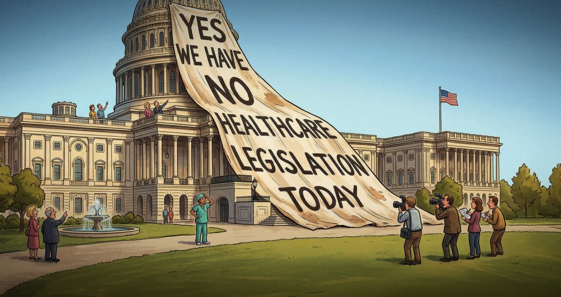 Image shows a cartoon of Congress and the message "Yes we have no healthcare legislation today."