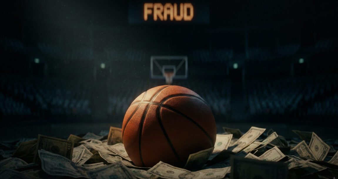 Image shows money and a basketball and the word "Fraud" in lights