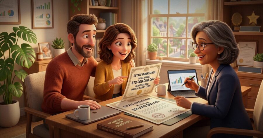 Image shows a pair of cartoon millennials meeting with an advisor