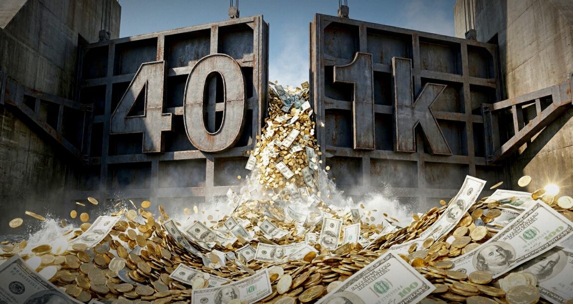 Image shows big iron gates marked "401K"