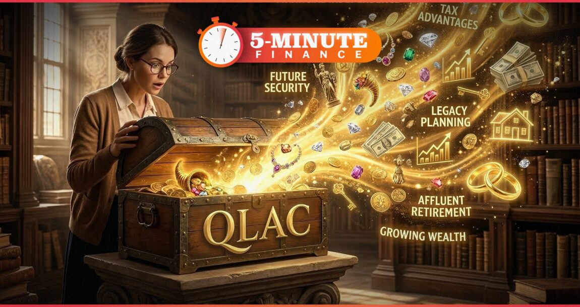 Image shows the 5-Minute Finance logo and a chest marked "QLAC."