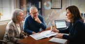 Image shows a couple meeting with a financial advisor