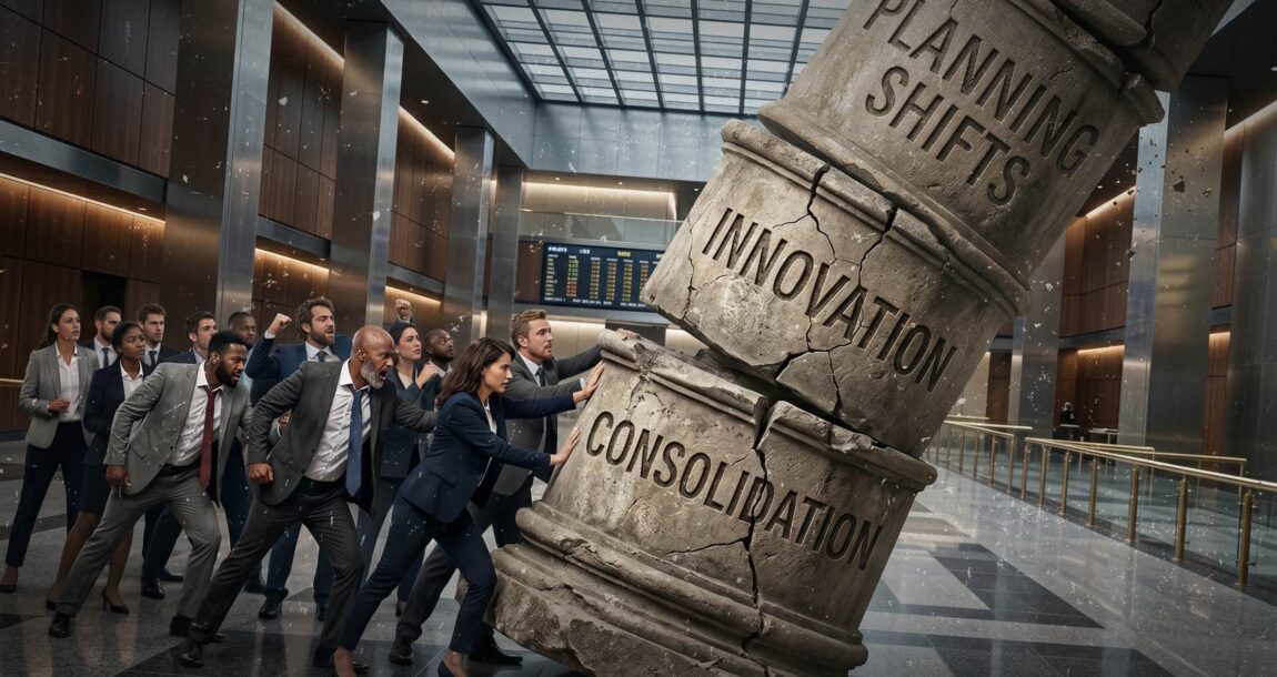 Image shows a group of people knocking over a column.