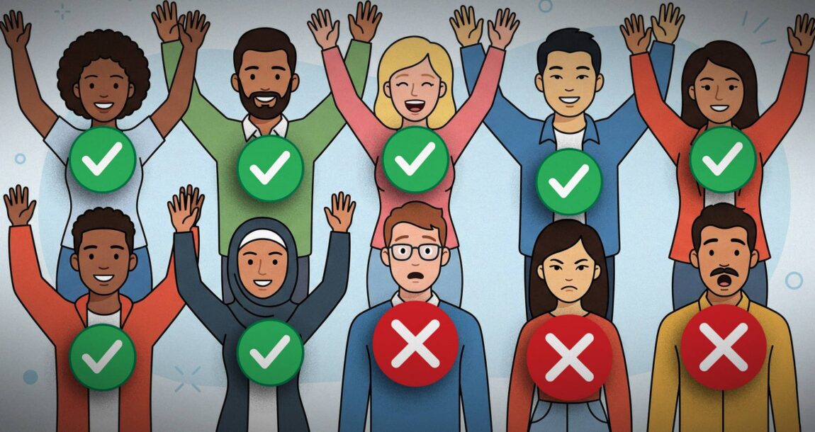 Image shows a group of people with either check marks or Xs.