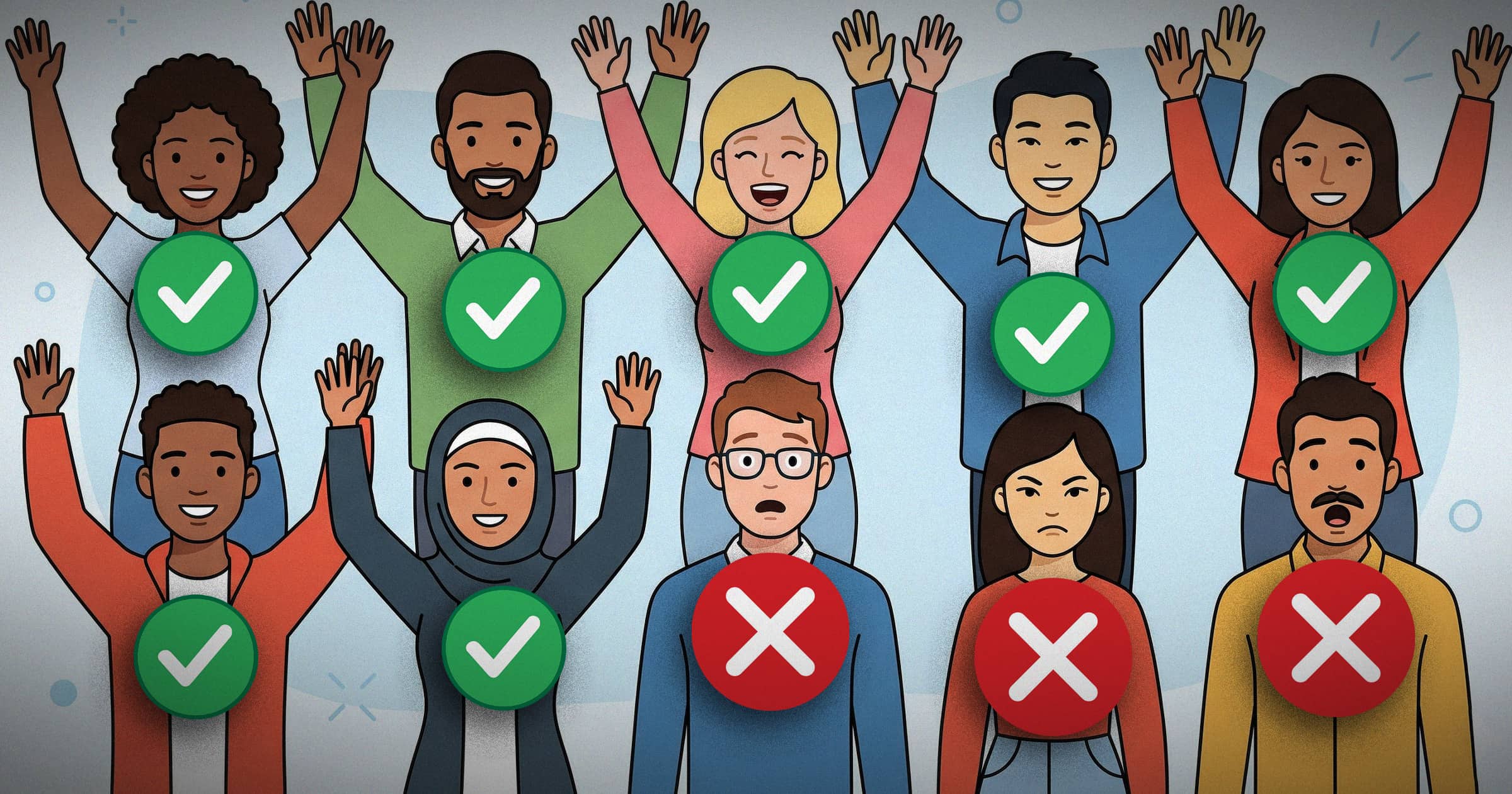 Image shows a group of people with either check marks or Xs.