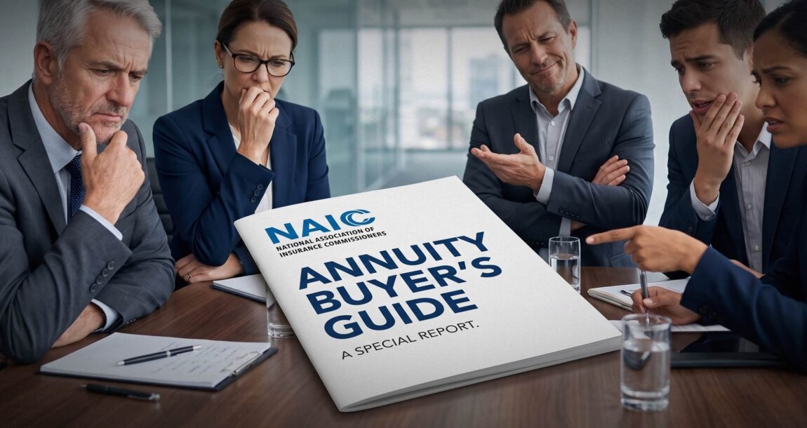 Image shows people around a table with the NAIC Annuity Buyer's Guide pictured.