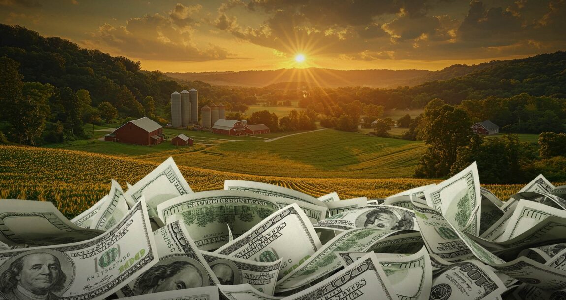 Image shows a pile of money with a sunset in the background.