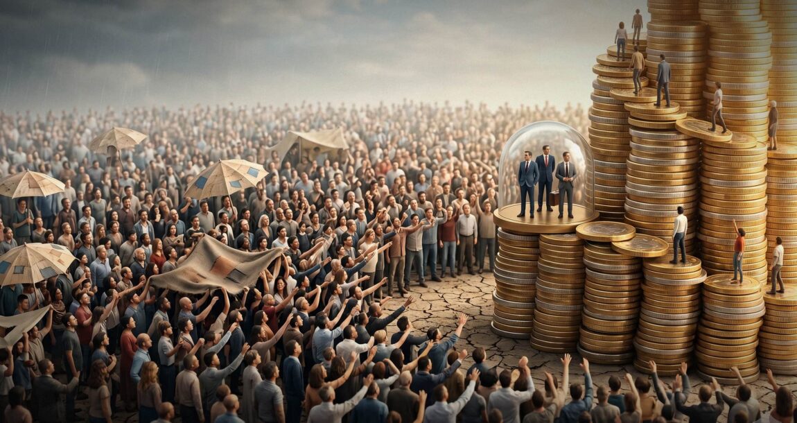 Image shows people reaching for a pile of coins.