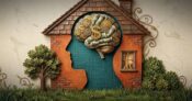 Image shows a himan head and brain with a home outline around it