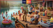 Image shows a cartoon family at a lake