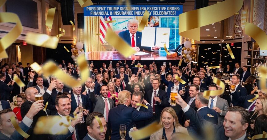 Image shows a packed room with Trump on a screen.