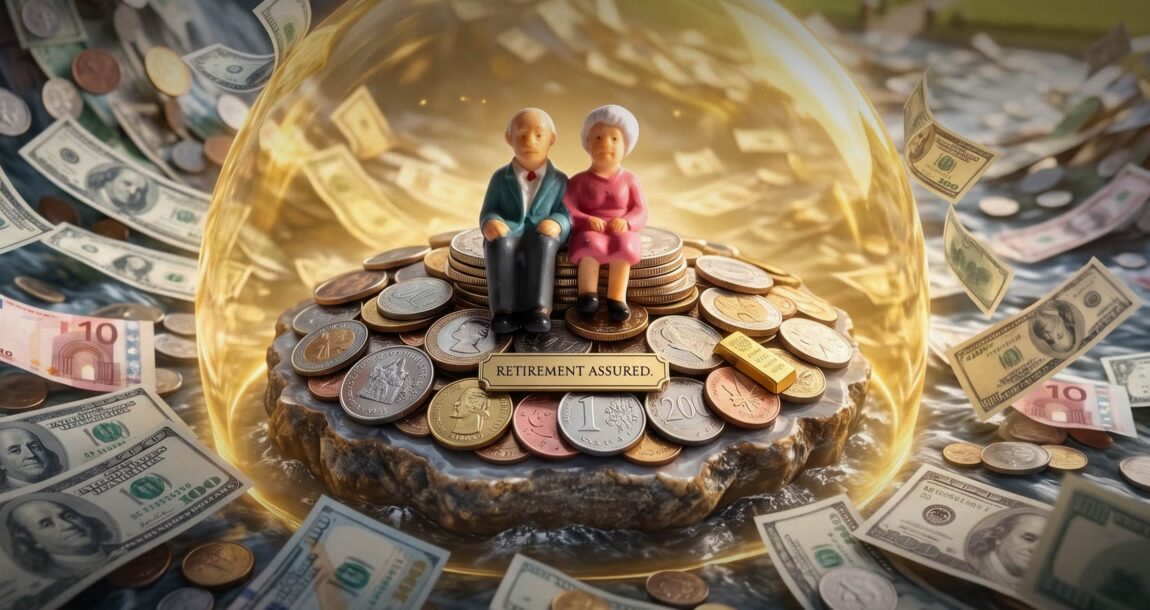 Image shows two figures sitting on a pile of coins