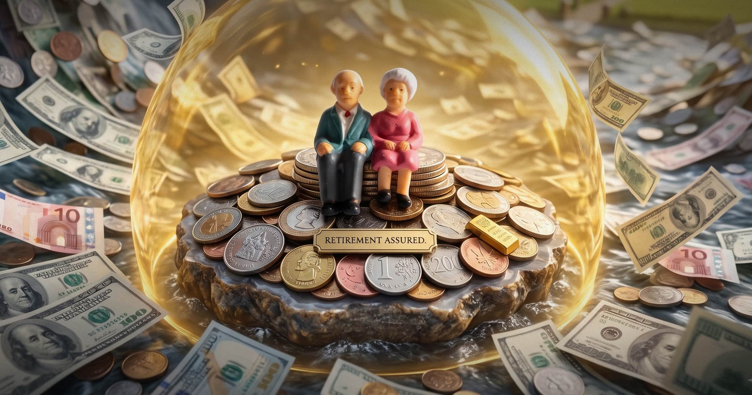 Image shows two figures sitting on a pile of coins