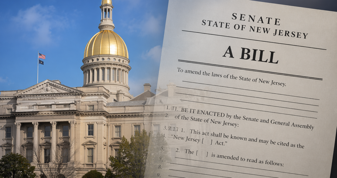 Image shows the New Jersey Senate and a generic bill