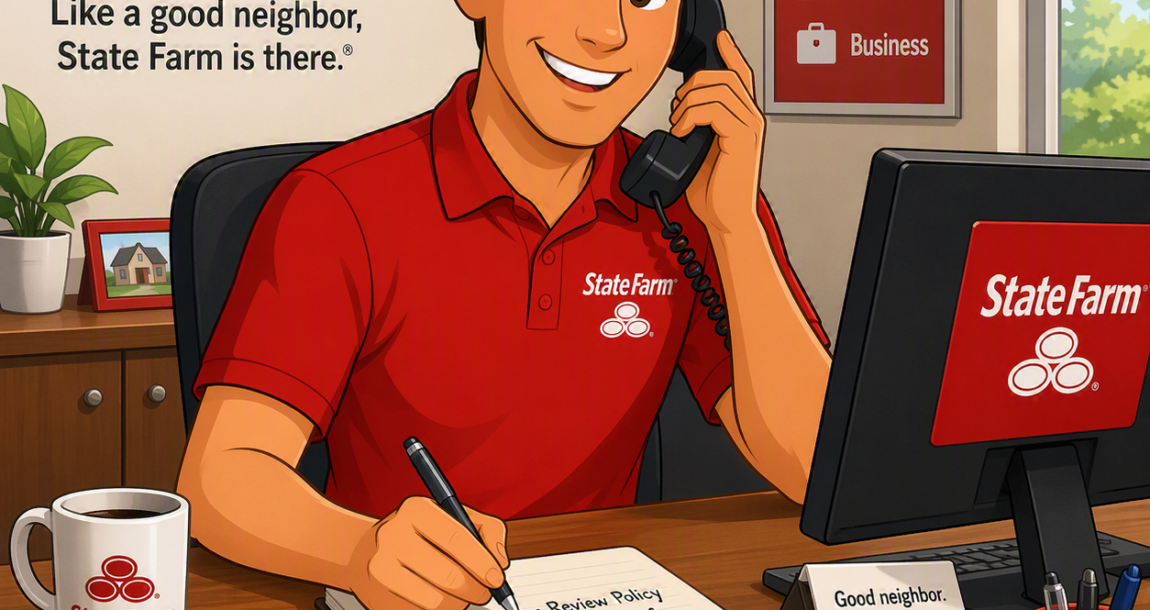 Image shows a cartoon version of a State Farm agent