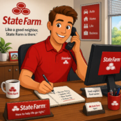 Image shows a cartoon version of a State Farm agent
