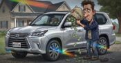 Image shows a cartoon man dumping money beside a new truck