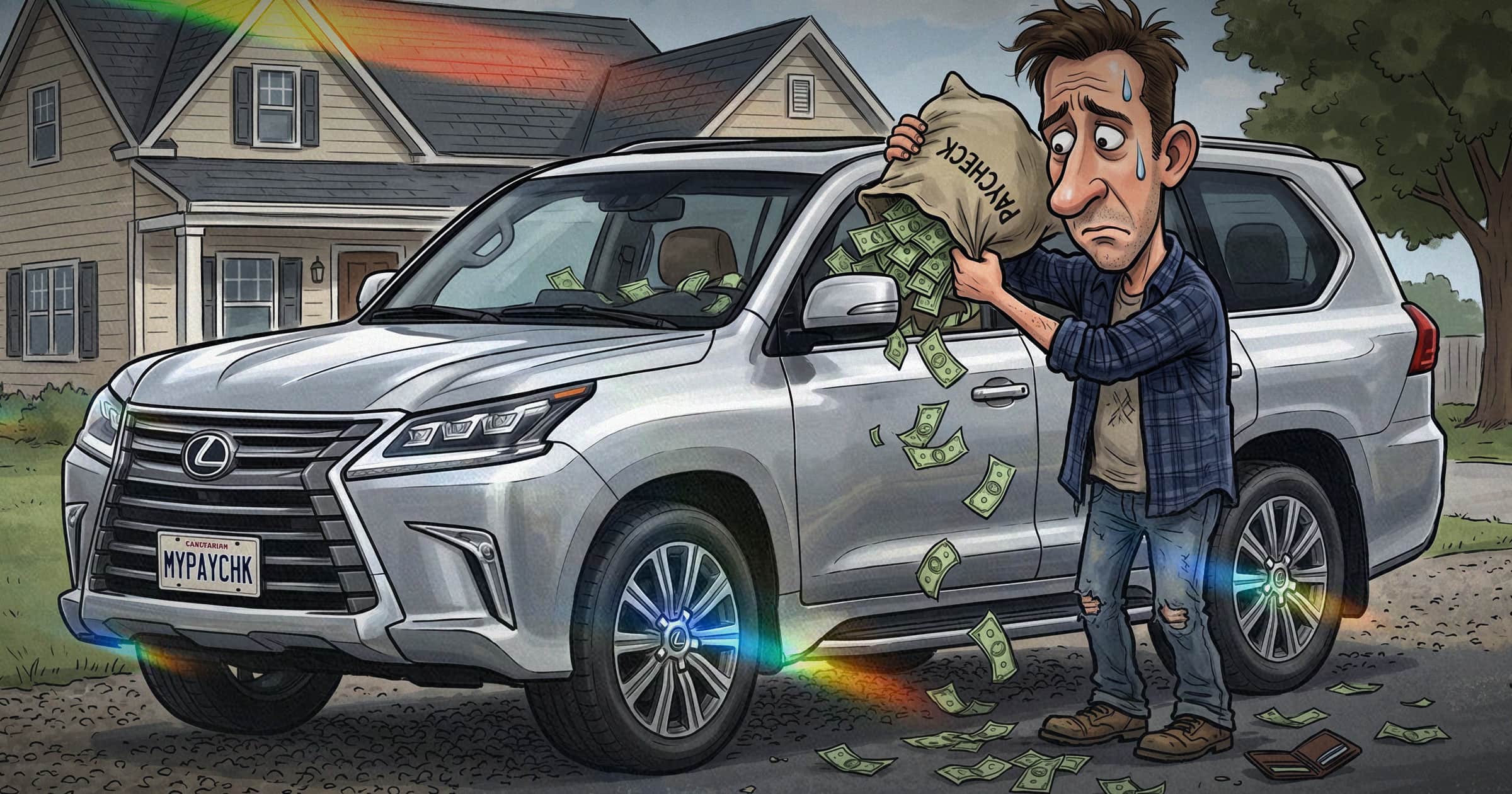 Image shows a cartoon man dumping money beside a new truck