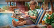 Image shows a man with a laptop at the pool