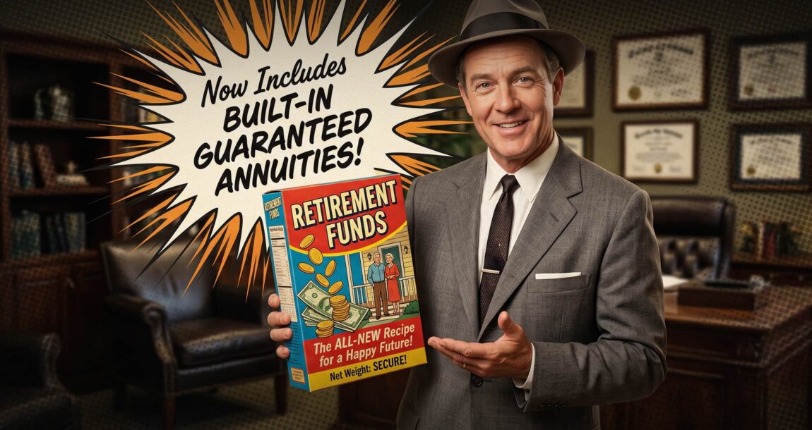Image shows a man dressed like a 1950s salesman and holding a book titled, "Retirement Funds."