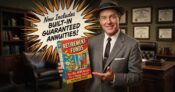 Image shows a man dressed like a 1950s salesman and holding a book titled, "Retirement Funds."