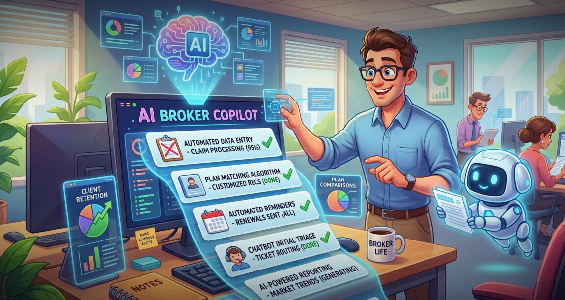 Cartoon image shows a man using advanced technology