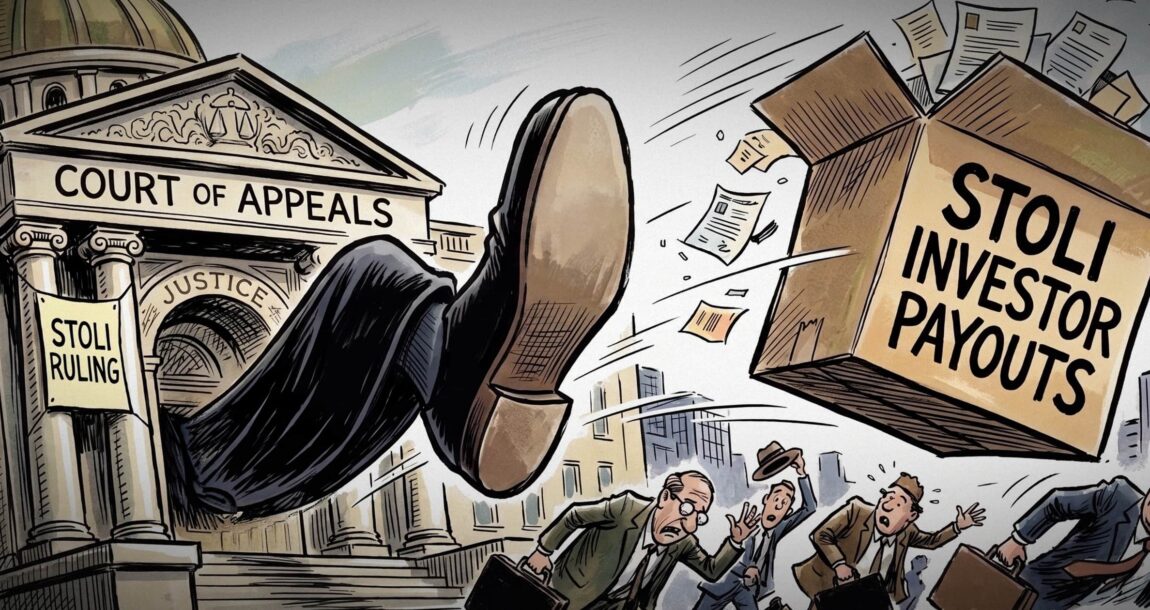 Image shows a cartoon boot kicking out a box marked "STOLI"