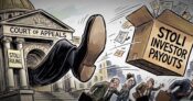 Image shows a cartoon boot kicking out a box marked "STOLI"