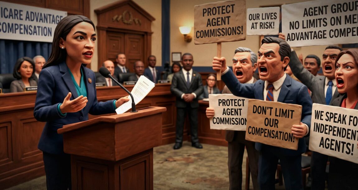 Image shows a cartoon version of Rep. Ocasio-Cortez in the House
