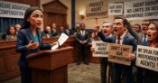 Image shows a cartoon version of Rep. Ocasio-Cortez in the House
