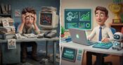 Image shows a man in two very different work environments.