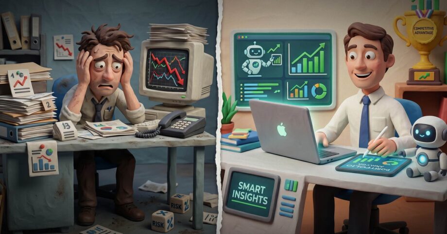 Image shows a man in two very different work environments.