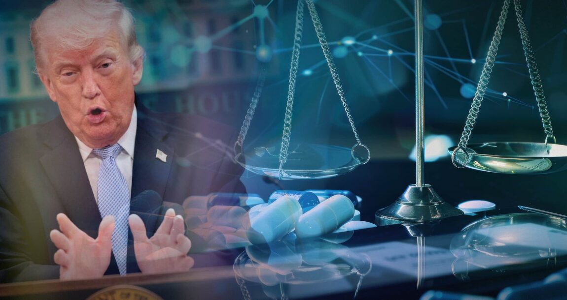 Image shows Donald Trump and judicial scales.