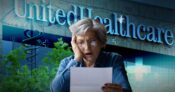 Image shows the UnitedHealth logo and a woman looking at a piece of paper