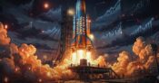 Image shows a rocket blasting off