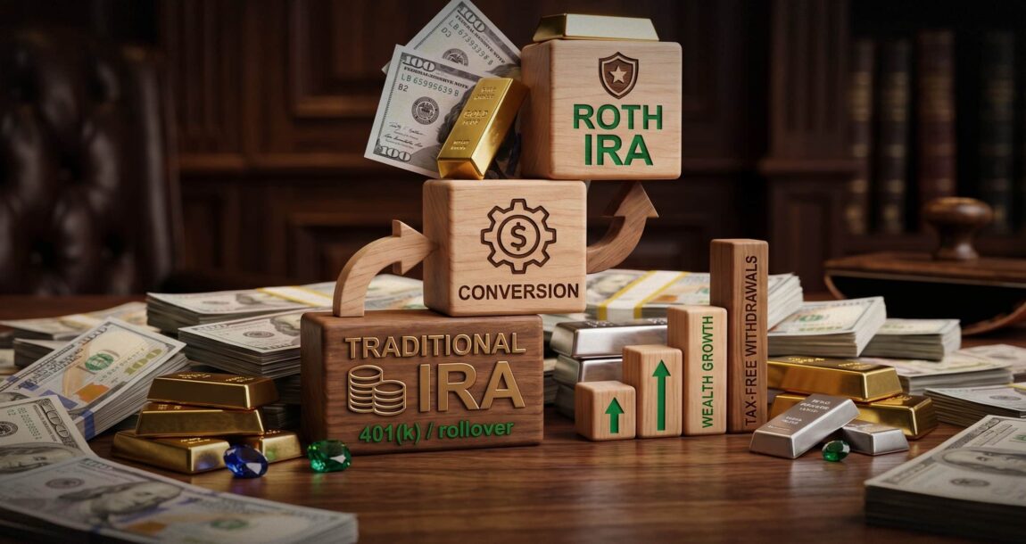 The image shows money and several blocks labeled for IRA