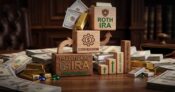 The image shows money and several blocks labeled for IRA