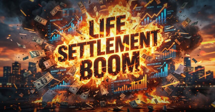 Image includes the words, "Life Settlement Boom" amid flames