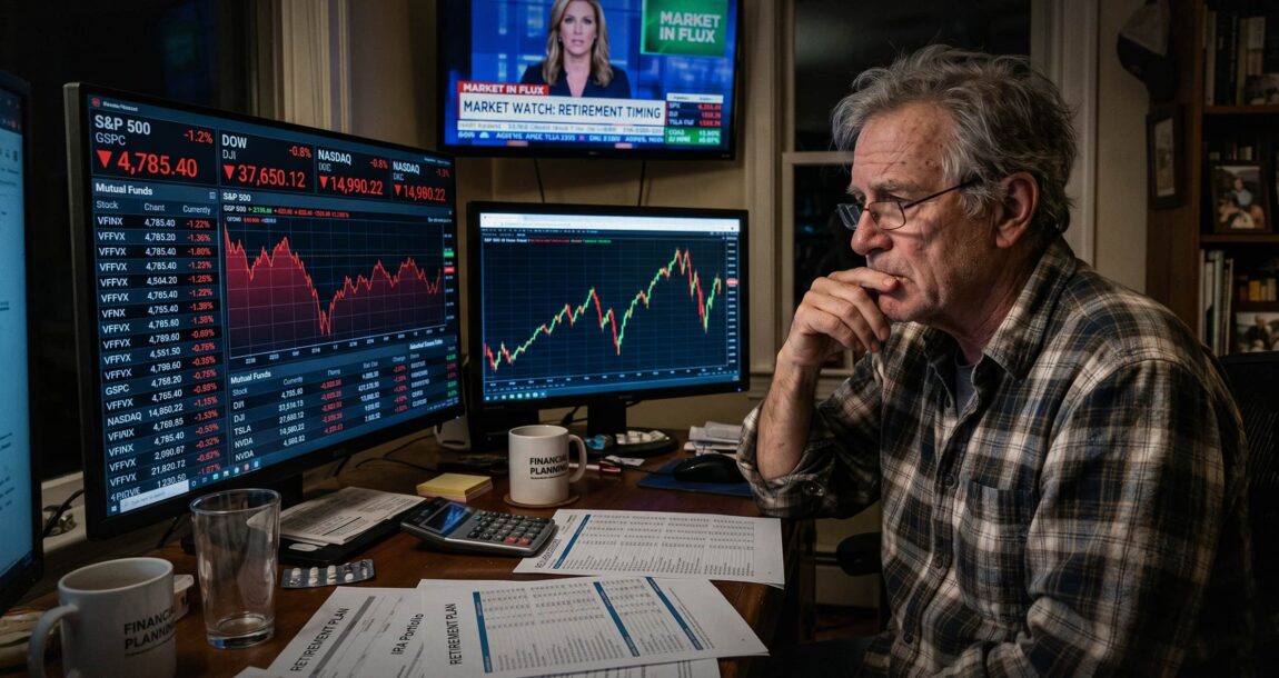 Image shows a man intently studying the market data.