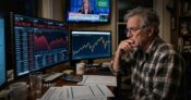 Image shows a man intently studying the market data.