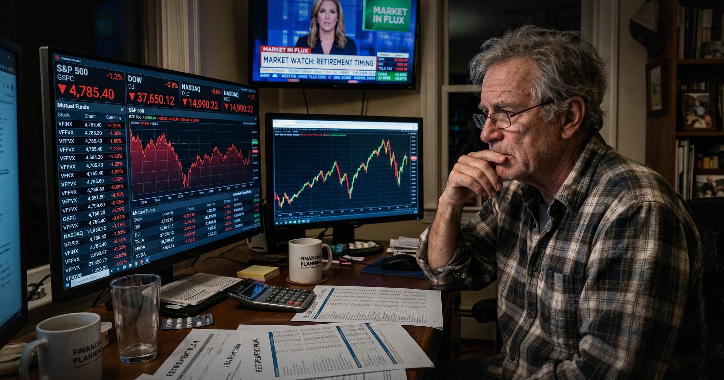Image shows a man intently studying the market data.