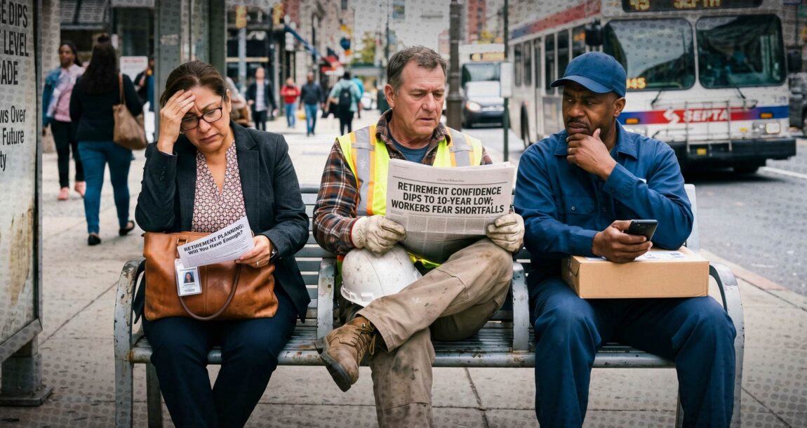 Image shows workers on a street bench